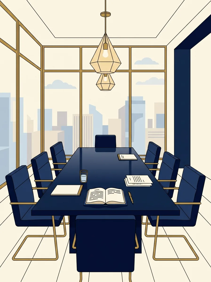 Illustration of a boardroom with a long meeting table, an open minute book and a window onto the city.