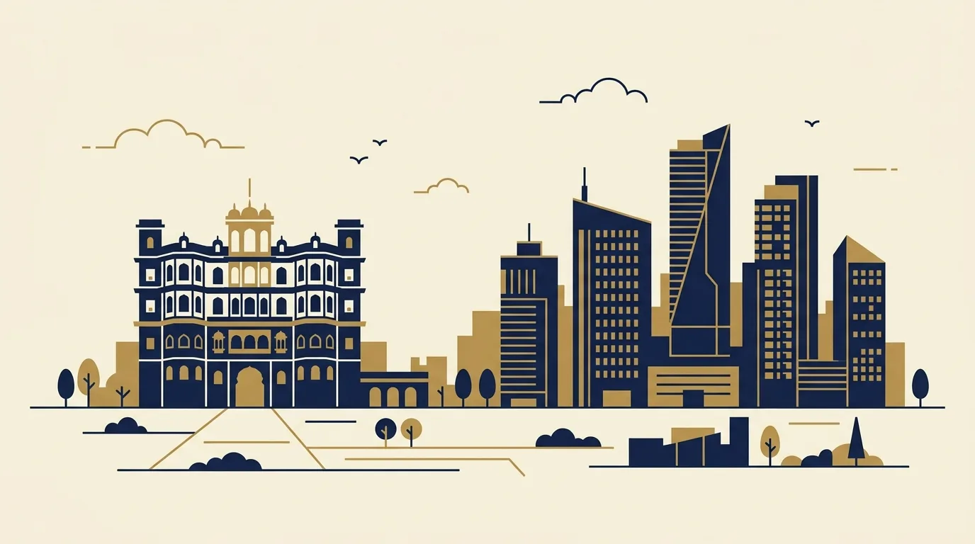Illustration of the Indore skyline, with the Rajwada palace alongside modern office towers.
