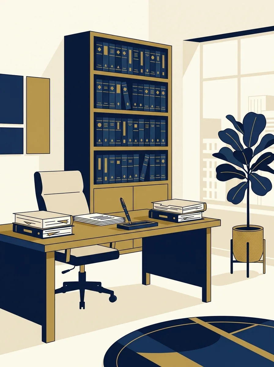 Illustration of the firm's office: a desk with legal documents, a shelf of bound statute books and a window onto the city.